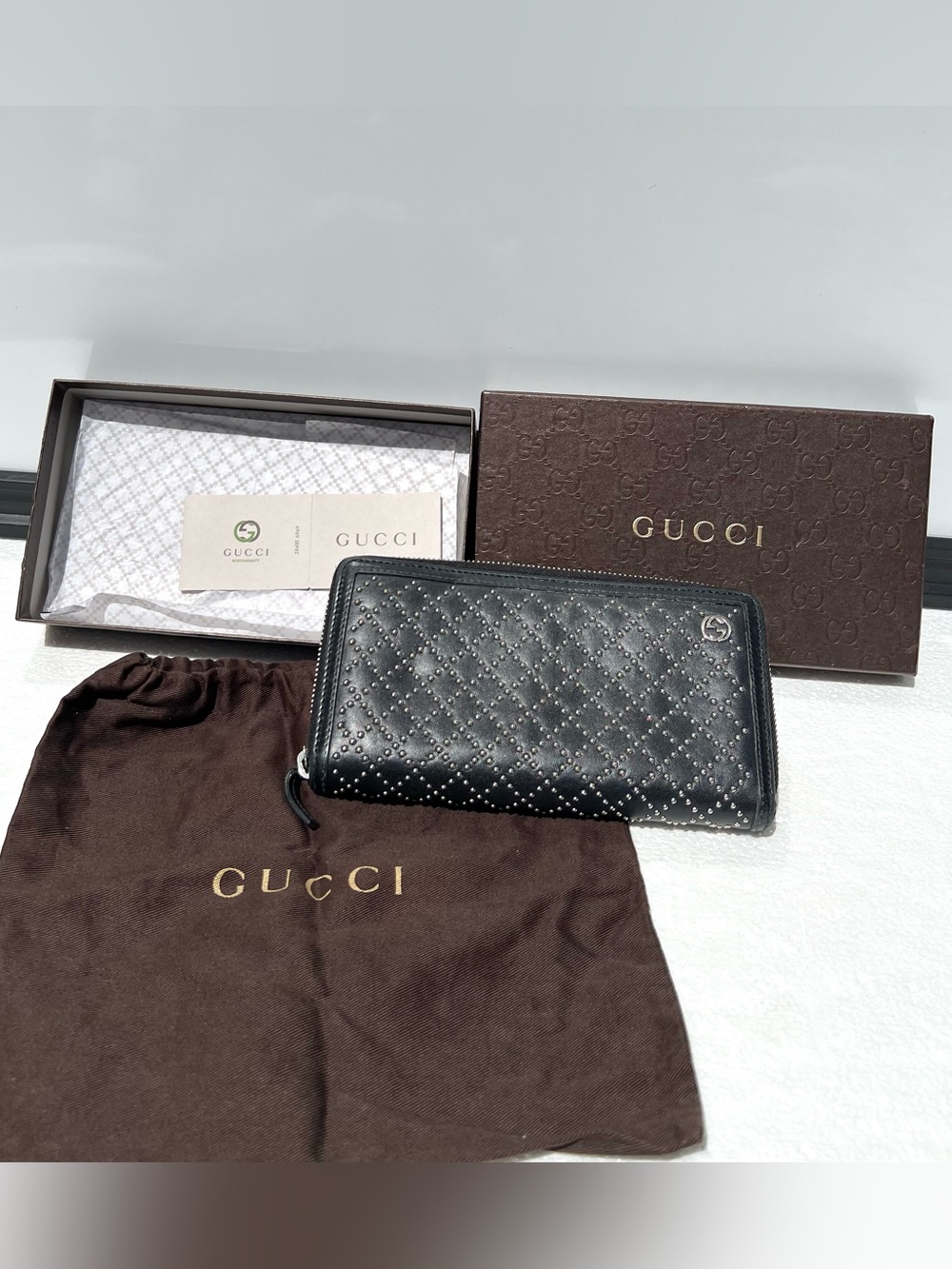 Gucci Diamante Leather Studded Long Wallet Zip Around Black GG Logo Women’s